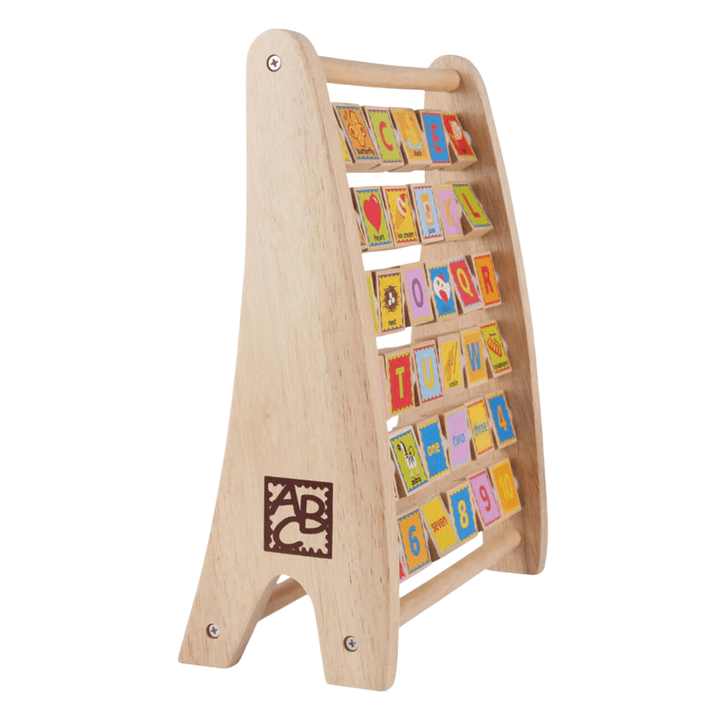 A Hape Alphabet Abacus and number learning toy featuring colorful tiles with letters, numbers, and images. This preschool learning toy by Hape has tiles attached to a standing frame that can be rotated to show different faces.