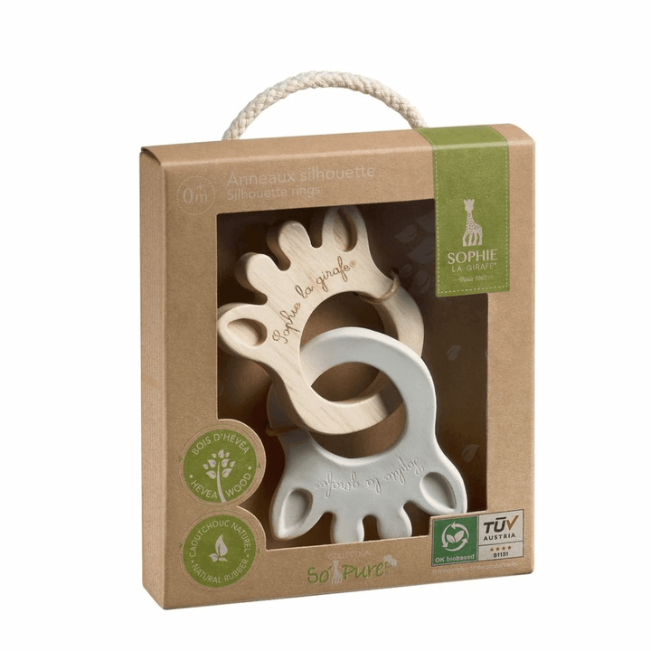 Two Sophie the Giraffe Silhouette Rings Teethers in a cardboard box. (Brand name: Vulli)