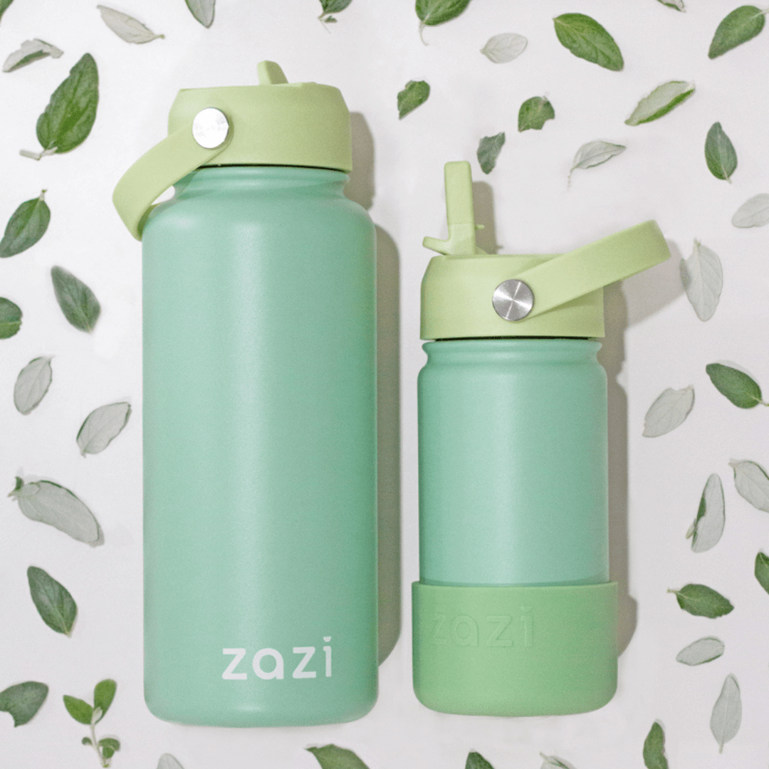 Styled-Image-With-Both-Sizes-Zazi-Flexiflask-Drink-Bottle-1L-Moss-Naked-Baby-Eco-Boutique