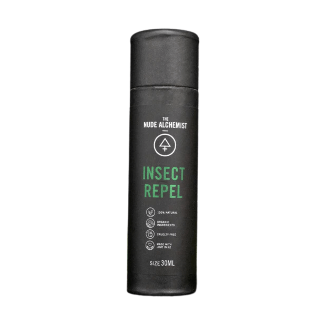 A 30ml black bottle labeled "The Nude Alchemist All-Natural Insect Repel" highlights its completely natural and DEET-free formula. This cruelty-free, organic repellent, carefully crafted in New Zealand, is ideal as a baby insect repellent for your little one's delicate skin.