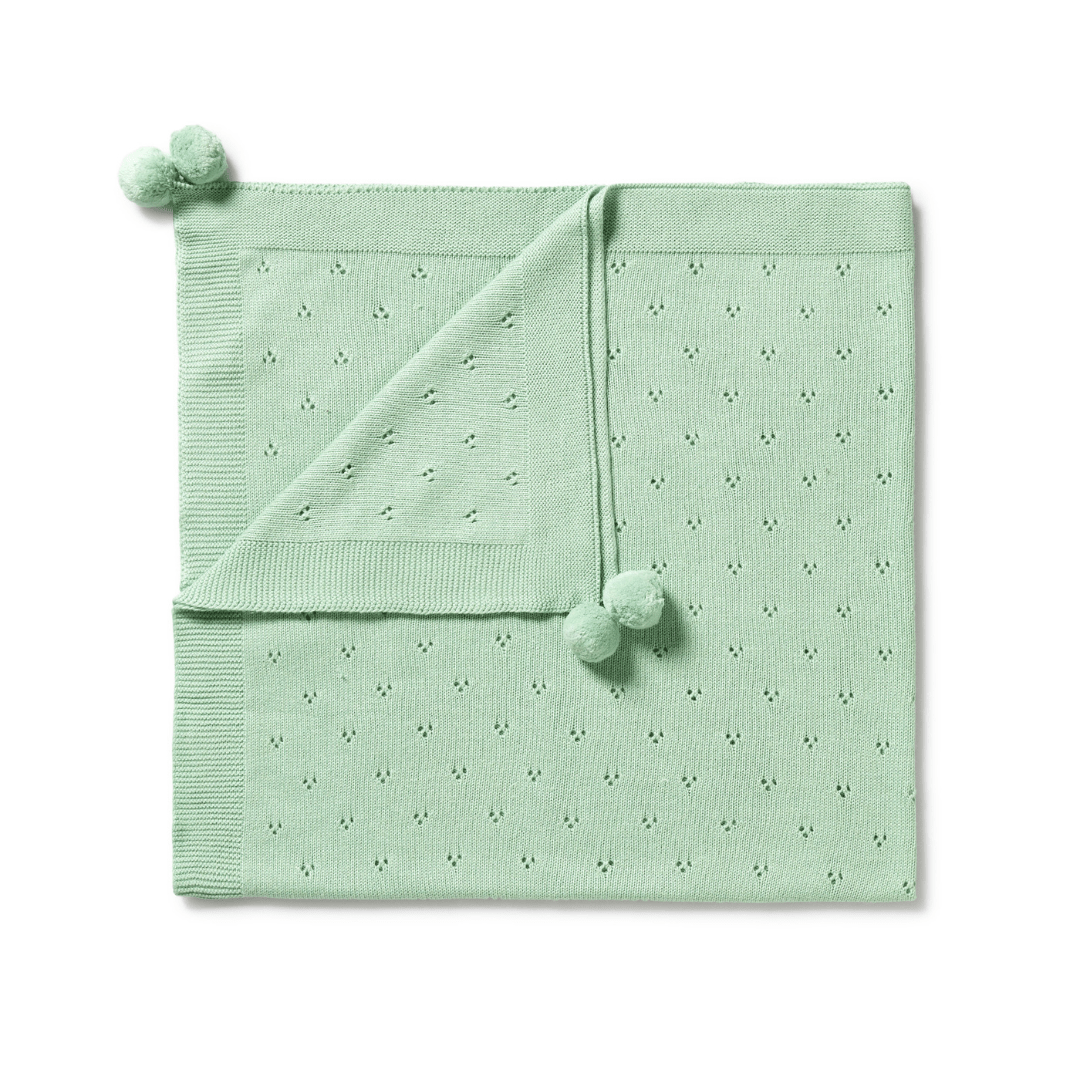 The Wilson & Frenchy Knitted Pointelle Baby Blanket in mint green, adorned with a pattern of small holes and finished with three pom-poms at the corners, makes an ideal heirloom piece or cherished baby shower gift.