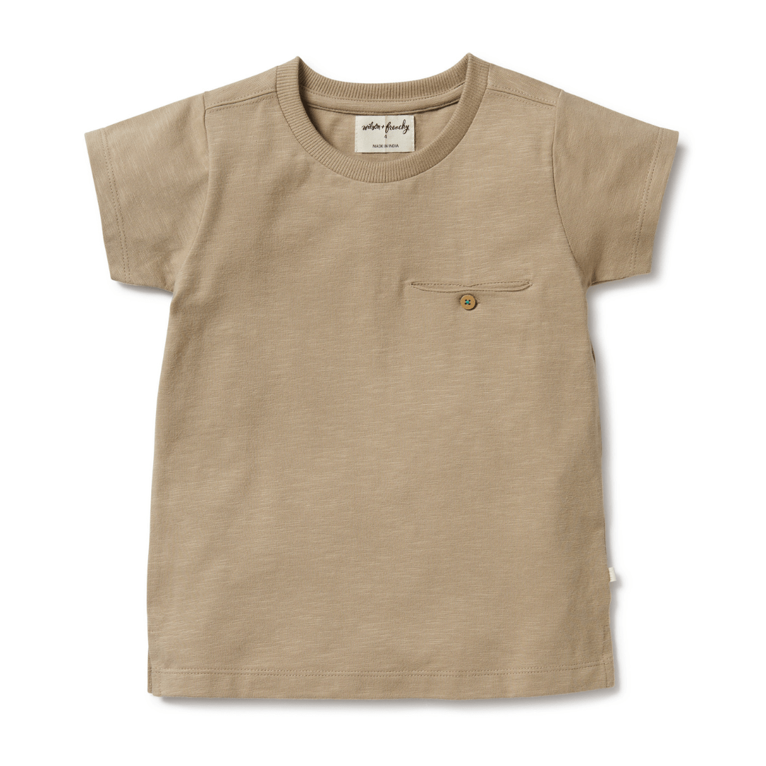 Beige short-sleeved Wilson & Frenchy organic kids pocket tee displayed on a white background.