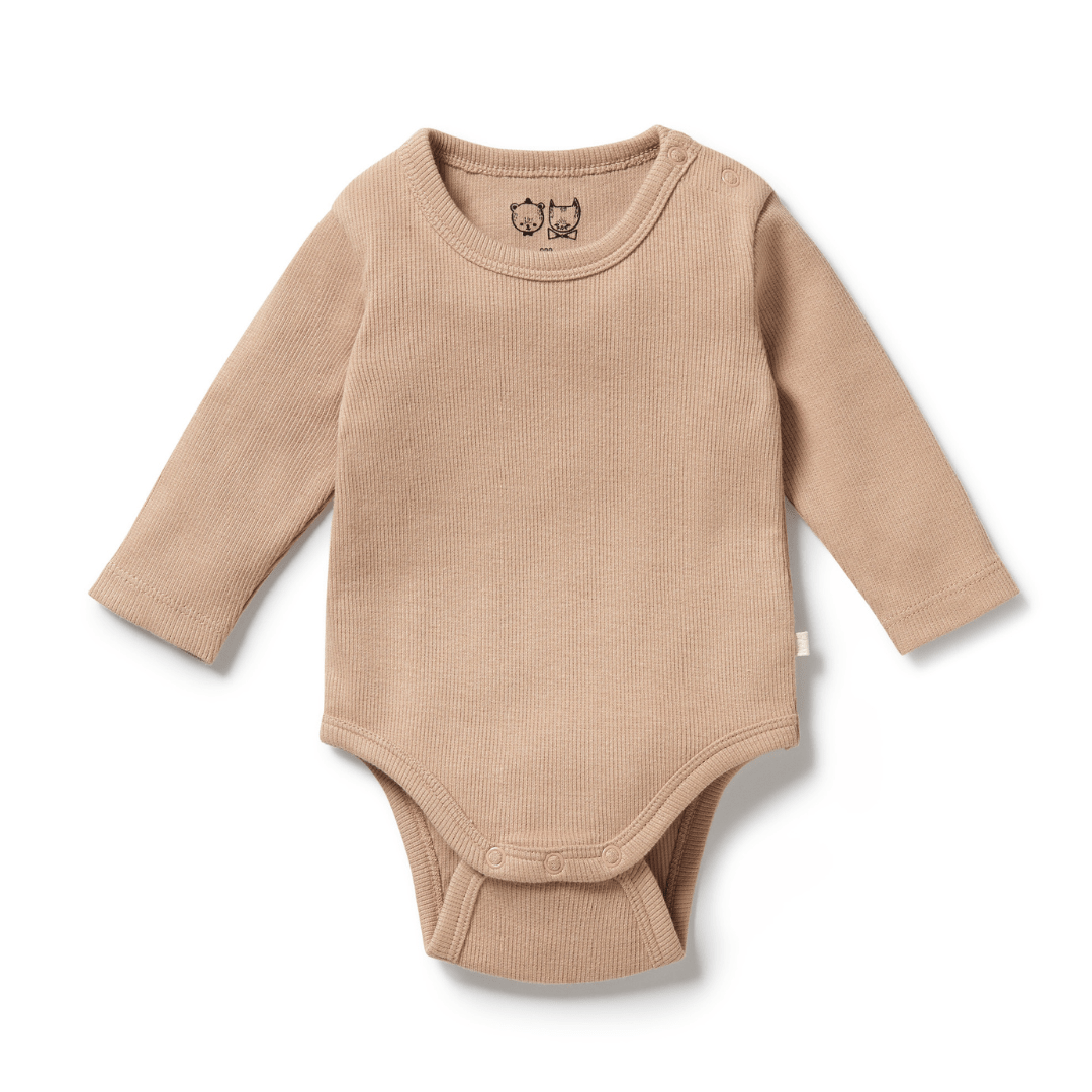 A Wilson & Frenchy Organic Rib Long Sleeved Onesie in beige, featuring snap closures at the bottom and on one shoulder, crafted from soft organic cotton rib, laid flat against a white background. Perfect for any baby wardrobe.