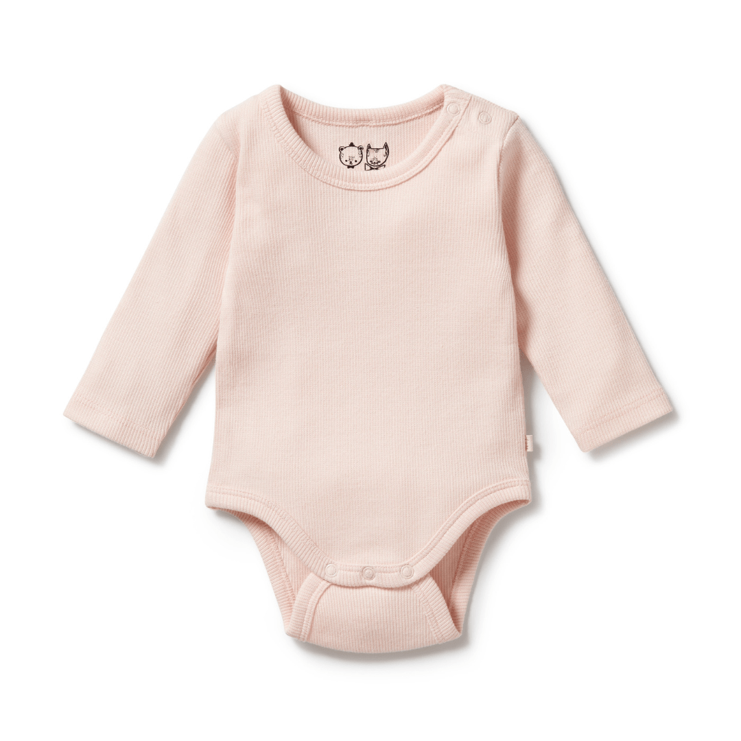 The Wilson & Frenchy Organic Rib Long Sleeved Onesie in light pink with shoulder snaps and an animal print near the neckline is crafted from GOTS-certified organic cotton.