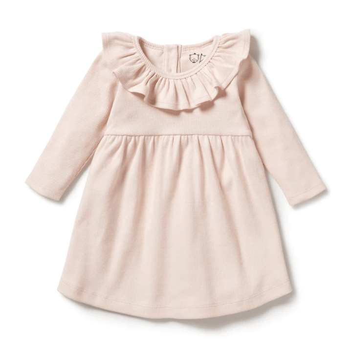 A long-sleeve, light pink ruffle dress with a gathered waist and ruffled collar by Wilson & Frenchy Organic Rib Long Sleeved Ruffle Dress, available in sizes 6–12 months and 18-24 months.