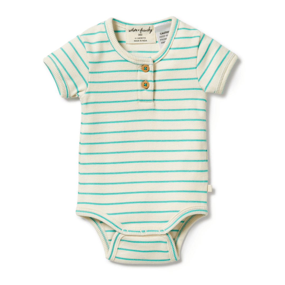 A Wilson & Frenchy Organic Rib Stripe Henley Onesie made from organic cotton.