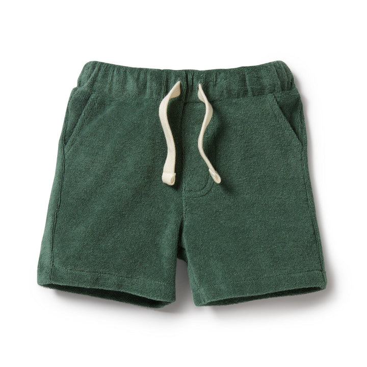 Wilson & Frenchy Organic Terry Shorts - LUCKY LASTS - 0-3 MONTHS ONLY, these children's dark green shorts with an elastic waistband, drawstring, and side pockets are a summer staple crafted from GOTS-certified organic cotton.