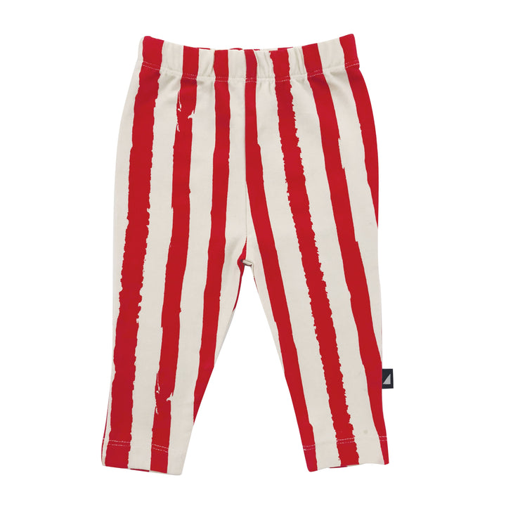 A pair of Anarkid Organic Cotton Lollipop Grunge Stripe Leggings - LUCKY LASTS - 0-3 MONTHS & 3 YEARS featuring vertical red and white stripes, crafted from soft organic cotton.