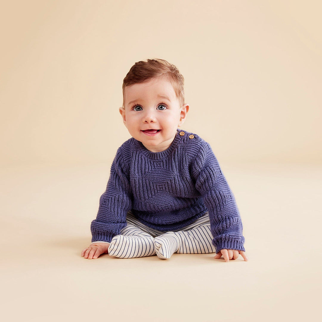 Baby-Starting-to-Crawl-Wearing-Wilson-and-Frenchy-Organic-Rib-Stripe-Footed-Leggings-Blue-Depths-Naked-Baby-Eco-Boutique