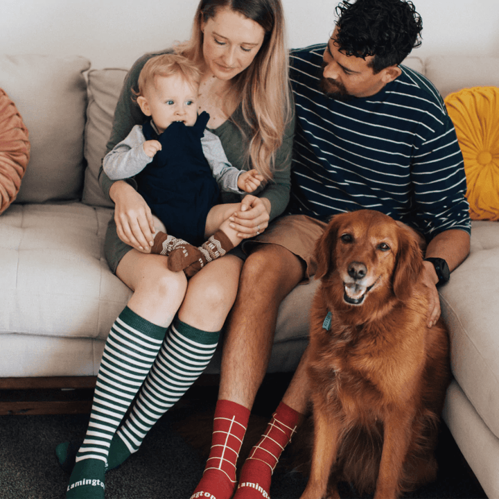 Family-Wearing-Lamington-Merino-Wool-Christmas-Socks-Knee-High-Pine-Womans-Naked-Baby-Eco-Boutique