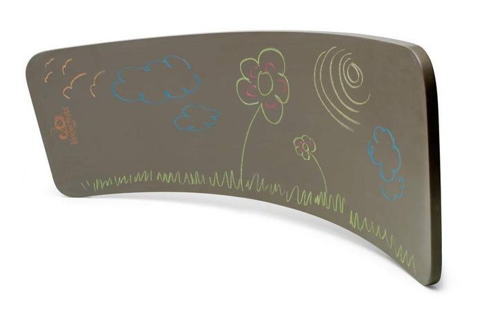 The Kinderfeets Balance Board, designed in a curved shape and featuring a blackboard surface, showcases simple drawings in colored chalk such as a flower, clouds, sun, and grass—ideal for open-ended play that nurtures child development.