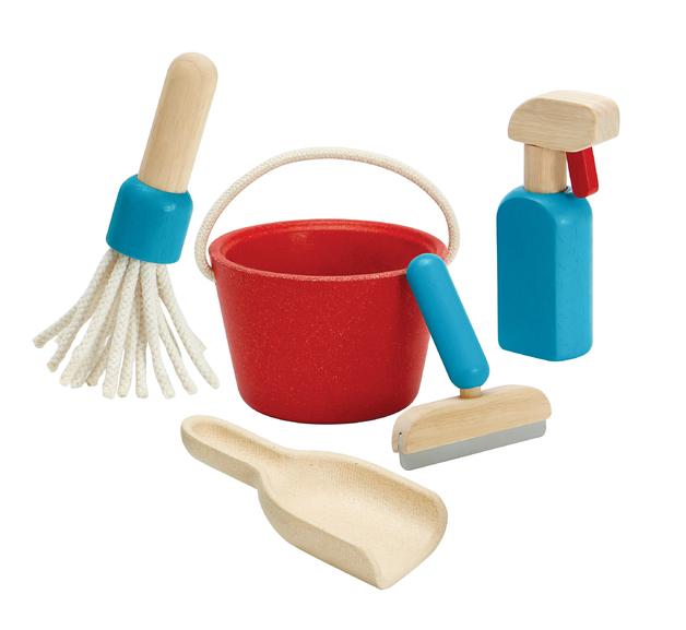 The Plan Toys Cleaning Set - LUCKY LAST is ideal for imaginative play, including a bright red bucket, a blue mop, a beige scoop, a blue and red spray bottle, and a blue squeegee. Made from sustainable rubber wood, this environmentally friendly set encourages kids to clean up like adults do.