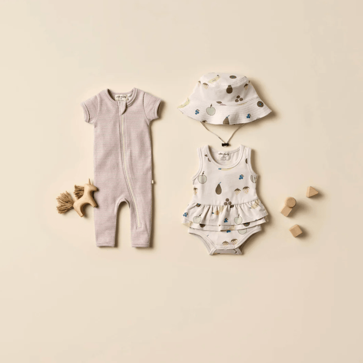 Styled-Flatlay-of-Wilson-and-Frenchy-Organic-Stripe-Rib-Zipsuit-Plum-Stripe-Naked-Baby-Eco-Boutique