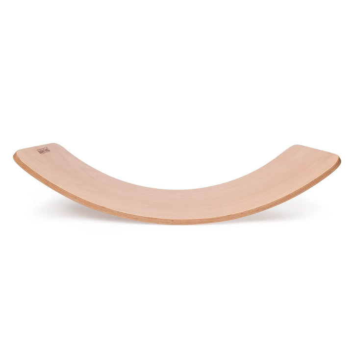 The Kinderfeets Balance Board by Kinderfeets, featuring a unique curved design, is showcased on a white background. Perfect for fostering child development and open-ended play, this wooden board promotes creativity and physical growth.